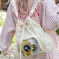Mochila con cordón de nailon transparente a la moda, mochila informal Ita con insignia dulce, mochila escolar ligera Harajuku Y2k para senderismo - details 4