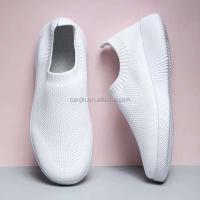 Nuevo estilo 2025, proveedores de zapatos para caminar baratos para mujer, peso ligero, tejido sin cordones, talla grande 43, zapatillas cómodas para mujer, blanco puro - details 8