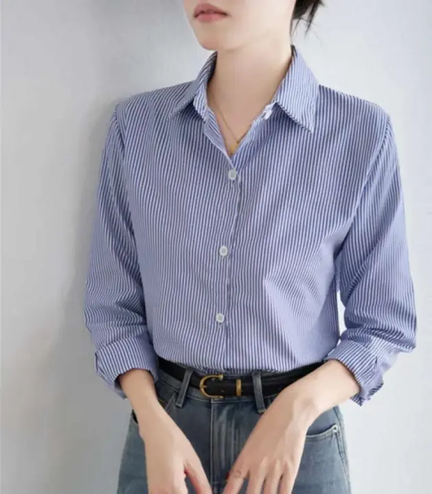 Camisa holgada informal de manga larga a rayas azules primavera y otoño, mujeres de moda, ropa de oficina para mujeres - 1