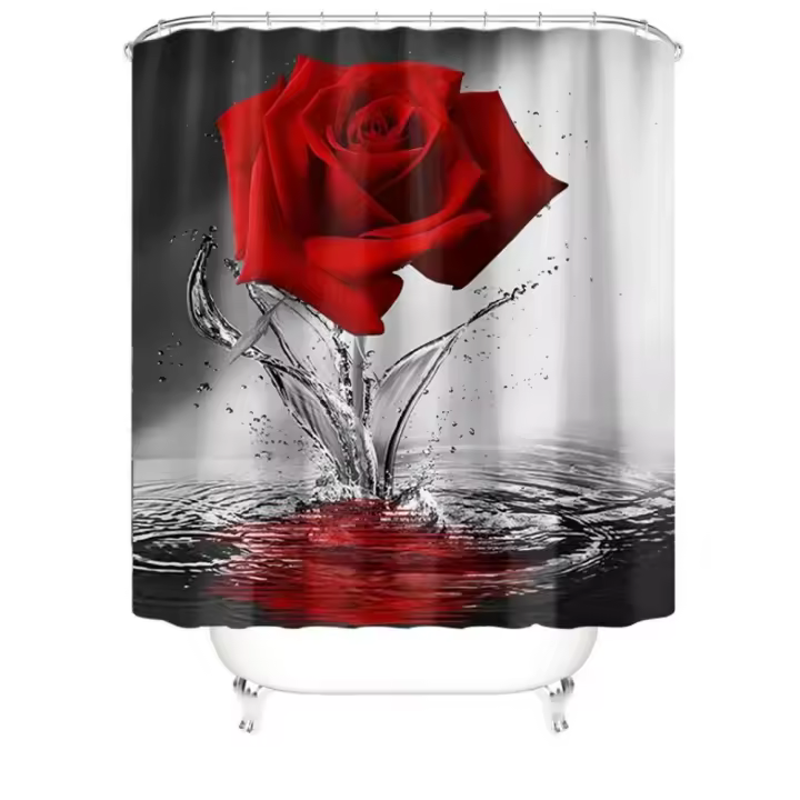 Cortina de baño de rosas, cubierta de alfombra de baño, almohadilla de baño gruesa, tapa de inodoro antideslizante - 1