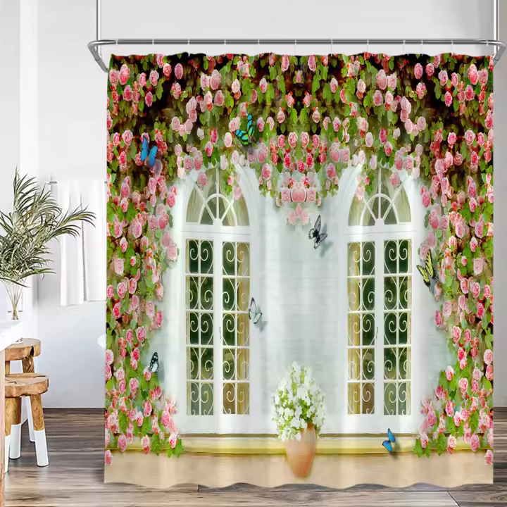 Cortina de ducha con pared de ladrillo de vides verdes, flores rosas, puerta de arco de jardín europeo, decoraciones para baño, cortina de baño Vintage con gancho - 1