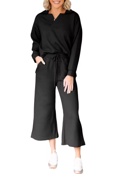 Elrachen Conjunto de pantalones de pierna ancha y top con cuello en V y textura sólida para mujer, negro, tallas S-2XL - 1