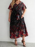 Vestido Largo De Verano Para Mujer plus Size Estilo Casual Con Estampado Floral Negro Y Manga Corta Vuelta En El Cuello A-Line - details 1