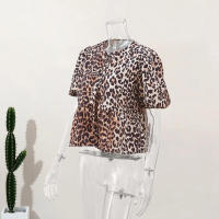 Elegante camisa delgada con tirantes huecas de leopardo para mujeres, blusa de manga corta o blusa de cuello - details 8
