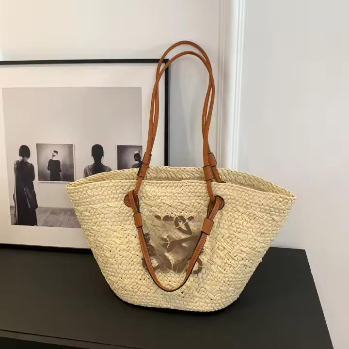 Bolso de Mano de Paja Tejido a Mano Bolso de Playa de Hombro para Vacaciones de Gran Capacidad - 1