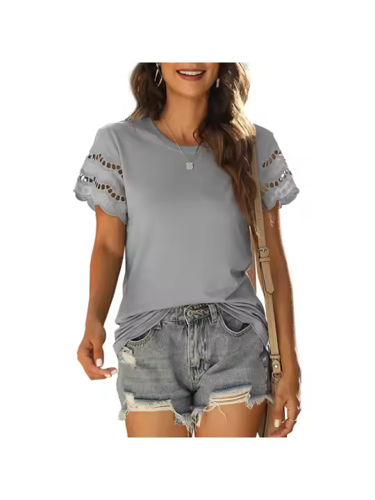 2025 verano de las mujeres nueva camiseta de manga corta con empalme de encaje top de cuello redondo - 1