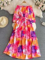 Vestido de playa estampado con hombros descubiertos, Vestidos ajustados A-e ral para mujer, vestido largo informal Vintage para primavera y verano - details 5