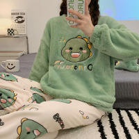 Conjunto De Pijama De Flannel Para Mujer Invierno Con Estampado De Dinosaurio Cuello Redondo Manga Larga 2 Piezas Tejido De Poliéster - details 3
