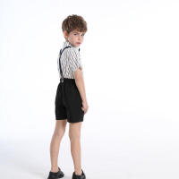 Camisa de algodón de manga corta con cuello a rayas y pajarita para niños, pantalones cortos con tirantes, conjunto de dos piezas de estilo británico, verano 2023 - details 1