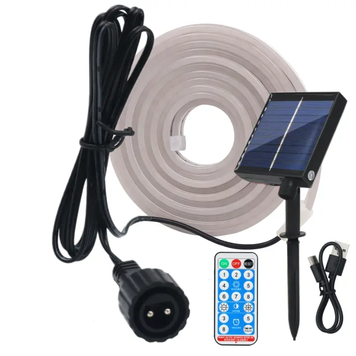 Tira de luz LED Solar de neón para exteriores, cinta impermeable IP67, 5V, 120LED/m, cinta Flexible, guirnalda de luz LED Solar, Control remoto - 1