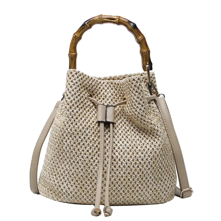 Bolsos de cubo de tejido de paja para mujer, bolsos de hombro de playa de ratán, bolsos casuales femeninos, monedero pequeño, bolsos cruzados de viaje - 1