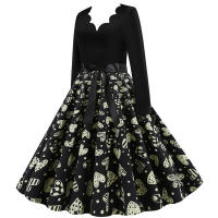 Women plaid print long sleeve vintage a line party dress v neck - details 148