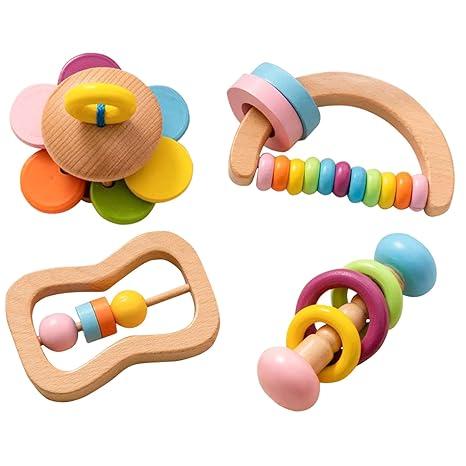 4 piezas de sonajeros de madera para bebés, juego de sonajeros coloridos orgánicos para bebés, sonajeros de madera para bebés de 0 a 6 a 12 meses, juguete de sonajero de madera para bebés recién nacidos, juguetes Montessori para bebés de 0 a 6 meses