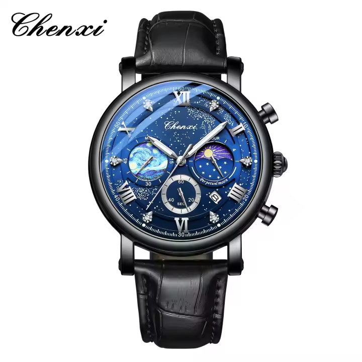 Sol, luna y estrellas Reloj multifuncional de moda para hombre Luminoso Moonphase Cronógrafo Calendario Reloj de cuarzo - 1