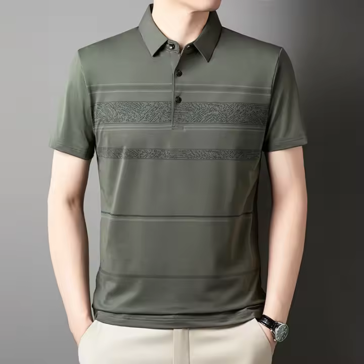 Polo corto a rayas de hielo para hombre, holgado y casual, o camiseta de media manga con cuello de solapa - 1
