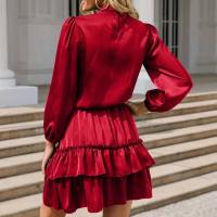 Vestido Satén con Cinturón Rojo Volantes Manga Larga, Elegante y Sensual para Mujer - details 6