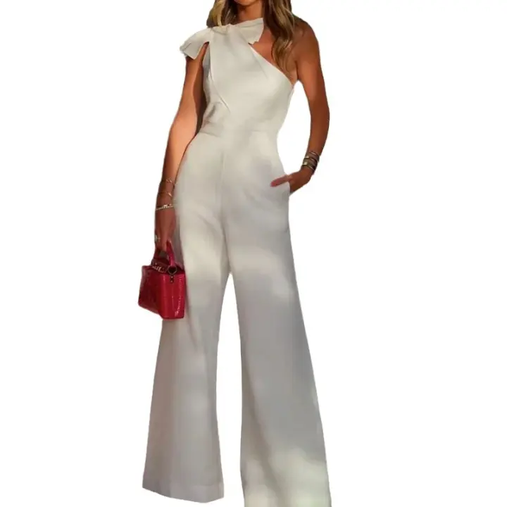 Mono de pierna ancha para mujer, pantalones formales, cuello diagonal, blanco, verano 4 - 1