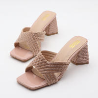 Tacones de aguja de moda para exteriores, versátiles y cómodos, tacones gruesos de color sólido con pedrería. - details 15
