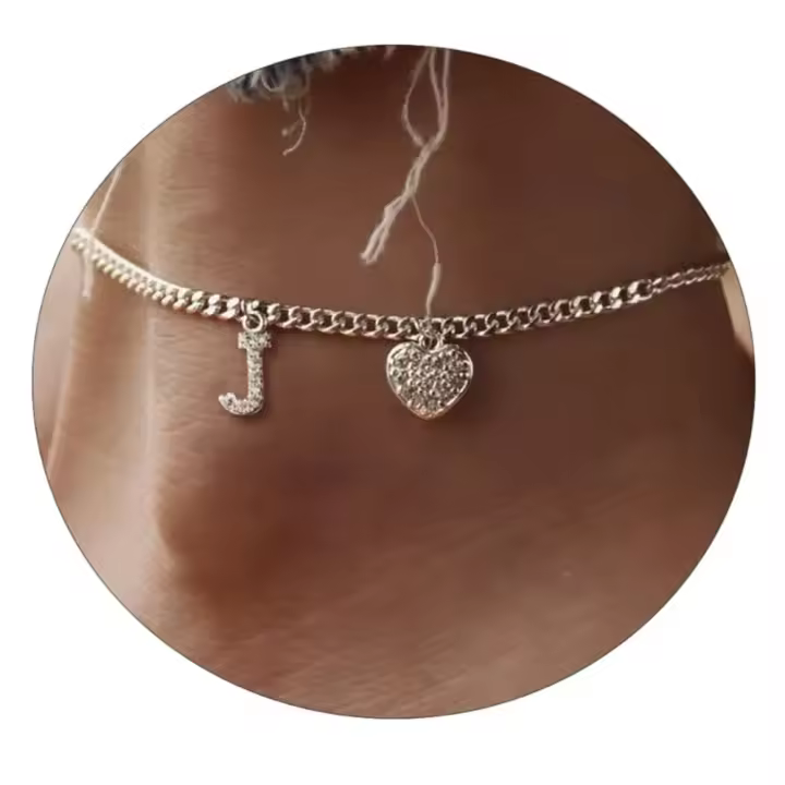 Pulsera de Tobillo de Acero Inoxidable con Letra de Cristal Color Plata - 1