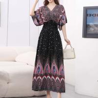 Casual bohemio estilo nacional con cuello en V cintura elástica gran Swing impreso verano Falda larga mujer vestido ropa - details 8
