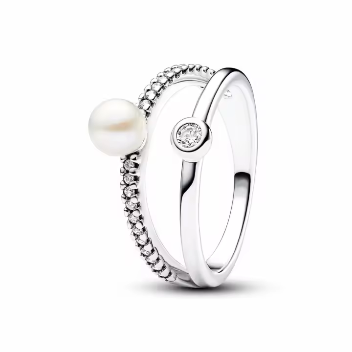 Anillo de Plata de Ley 925 para mujer, accesorio apilable con perlas dobles, diamantes, regalo de boda, tamaño 6-9 - 1