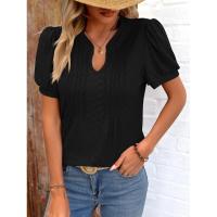 Camiseta holgada de Color sólido de manga corta con cuello en V para mujer a la moda de estilo coreano para verano - details 5