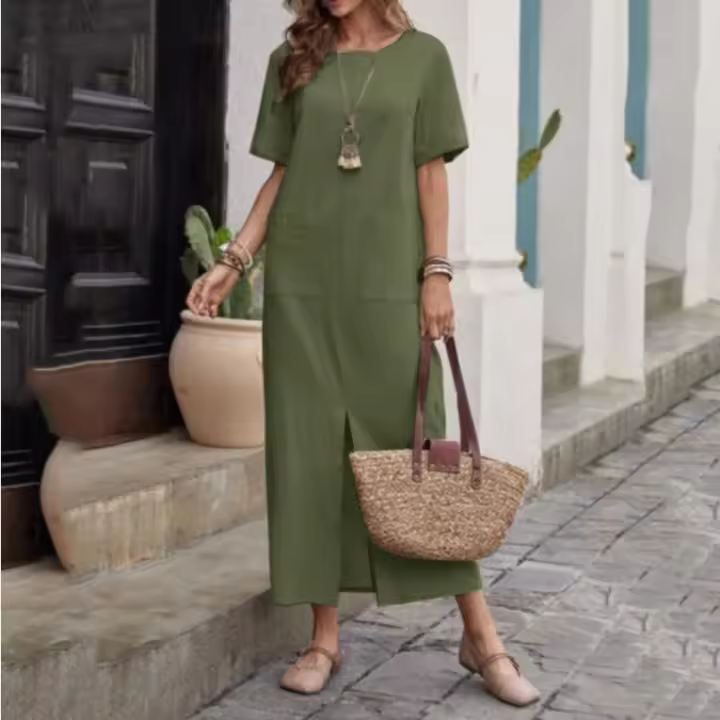 Novela de verano, vestido suelto de manga corta con puro algodón y/o cuello redondo de color liso - 1