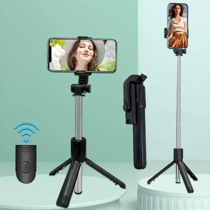 Trípode de Acero Inoxidable para Selfies con Montura Giratoria de 360 ° , Control Remoto sin varillas y Altura Ajustable - Soporte Portátil Manual para Smartphones, Fotografía de Viajes y Videollamadas, Palo de Selfies para Teléfono - 1