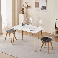 Juego de 4 sillas de comedor modernas y transparentes con patas de madera de haya tapizadas en cuero para sala de estar, cocina, oficina, salón, color negro - details 5