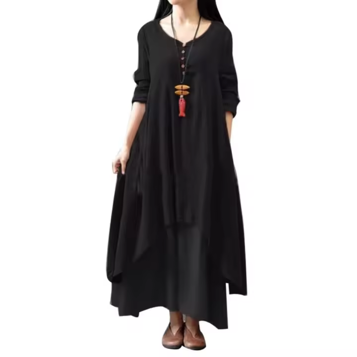 Anself primavera moda mujer Casual vestido suelto Color sólido manga larga vestidos de mujer de gran tamaño talla grande Boho largo Maxi vestido - 1