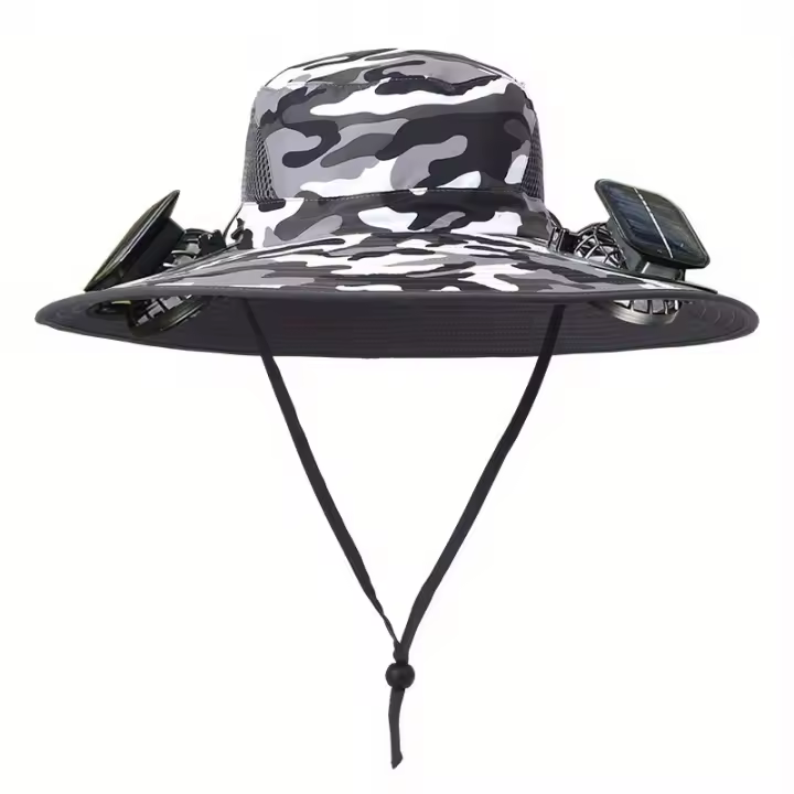 Sombrero de pescador con ventilador solar para exteriores, con dos ventiladores desmontables, velocidad de ventilación ajustable - 1