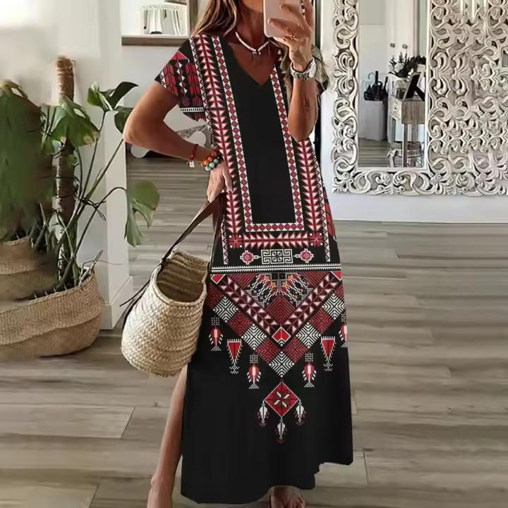 Para mujer, vestido largo con cuello en V a la moda, falda de manga corta diaria, vestidos con aberturas de estilo bohemio, ropa de verano para mujer - 1