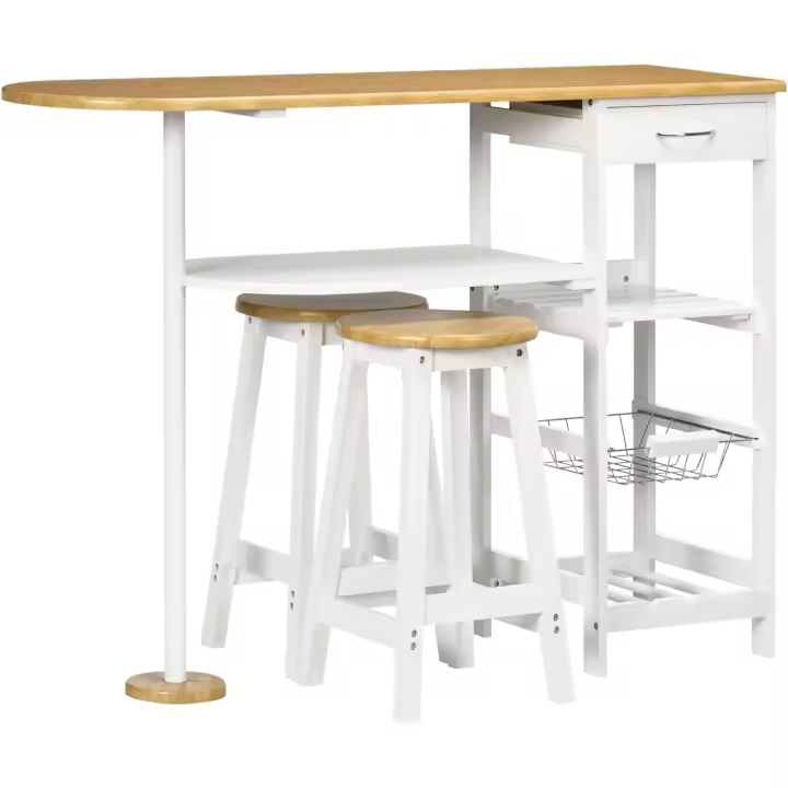 Juego de Mesa de Bar con 1 Cajón 2 Estantes Cesta Extraíble y Botellero Juego de Muebles con Mesa Alta de 119x38,5x88,5 cm y 2 Taburetes de 29x29x55 cm para Comedor Cocina Blanco - 1