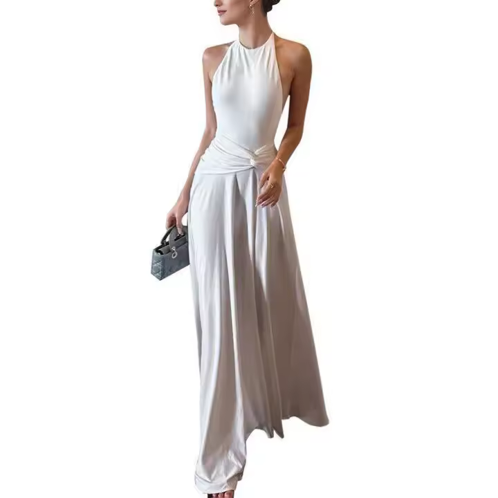 Vestido largo de corte A sin mangas con cuello halter y espalda descubierta de color sólido para mujer - 1