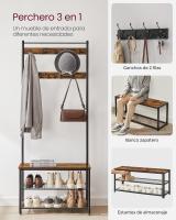 Perchero con Estante para Zapatos, Mueble de Entrada con Banco, 3 en 1, Marco de Acero, para Entrada y Pasillo, 32 x 70 x 177 cm, Estilo Industrial, Marrón Castaño y Negro HSR041B41 - details 29