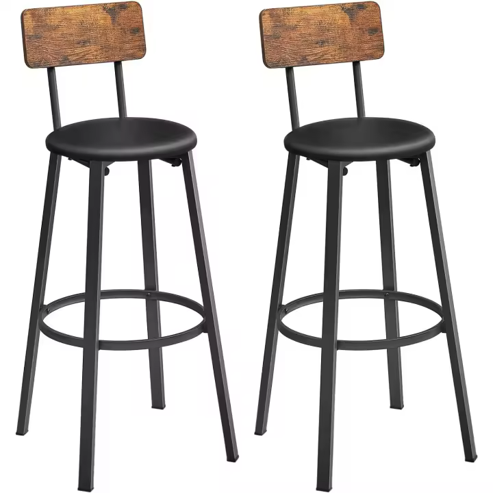 Taburetes de Barra Juego de 2, Tapizados de PU, Taburete Alto con Reposapiés, Montaje Sencillo, Industrial, para Cocina, Comedor, Marrón Rústico y Negro - 1