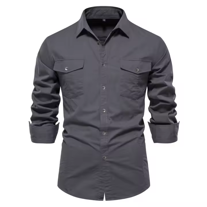 Camisa de algodón para hombre, camisa informal de moda, color sólido, manga larga, Primavera - 1