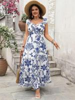 BSIE Vestido largo de talla grande con cuello en forma de corazón y volantes para mujer, estampado de vacaciones en la playa, paridad sin costuras - details 0
