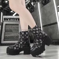 Dropshipping Logo lona negra tacón grueso gótico talla grande con cordones cremallera lateral para mujer, botines - details 1