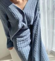 Elegante Conjunto de Falda de Punto Ouwu para Mujer Cardigan de Color Sólido, Cintura Alta, Ajuste Hip, 2 Piezas - details 6