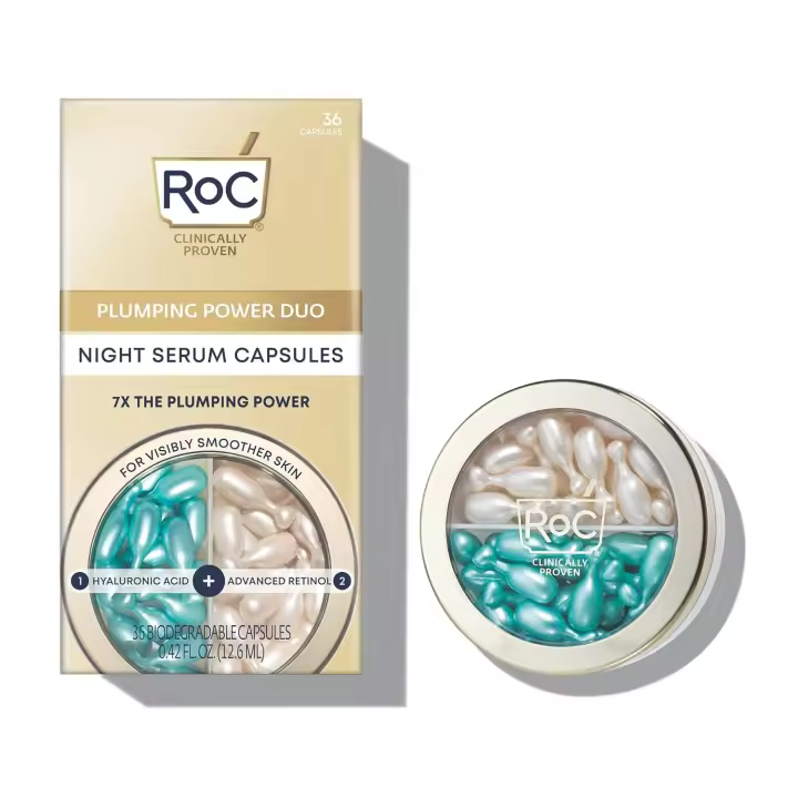 RoC Retinol + Hyaluronic Acid Plumping Power Duo Cápsulas de suero nocturno para una piel visiblemente más suave y tersa (18 quilates de cada una, - 1