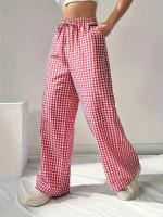 Primavera otoño pantalones de tartán rosa hueco con cordones pantalones de tartán casual - details 1