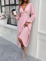 Vestido largo elegante de color sólido con cuello en V para otoño e invierno - details 16