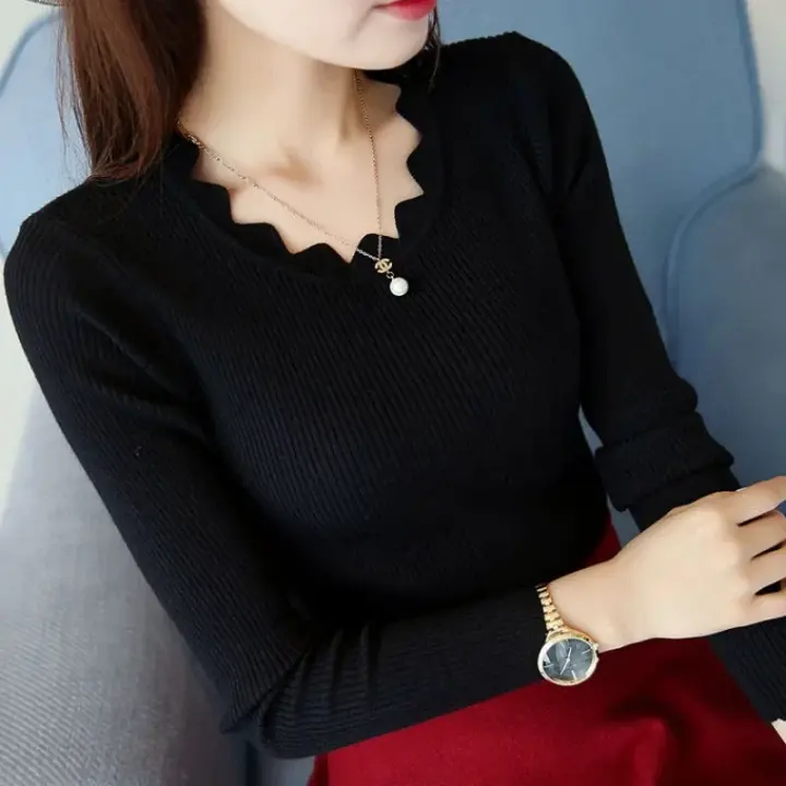 Suéter blanco ajustado de punto informal liso para mujer, top de manga larga, suéter coreano con cuello de mariposa para mujer - 1