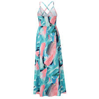 Vestidos largos con cuello en V para mujer, sin mangas, cintura alta, playa, Maxi, azul, rosa, estampado S - details 7