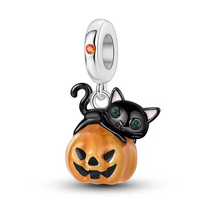 Colgante Charm Bead Plata de Ley 925 Halloween Gato Negro Noctilucence Calabaza Colgantes Pulsera Original para Fabricación de Joyas Regalo del Día de San Valentín - 1