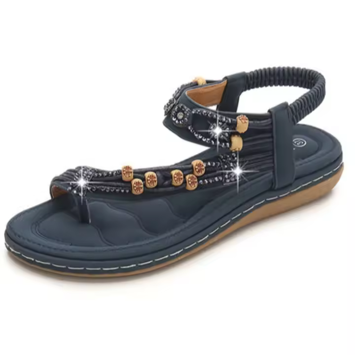 Zapatos de mujer de gran tamaño Sandalias bohemias, sandalias con cuentas de diamantes de imitación retro Sandalias de suela plana de cabeza redonda Tendón de res Zapatos de suela blanda - 1