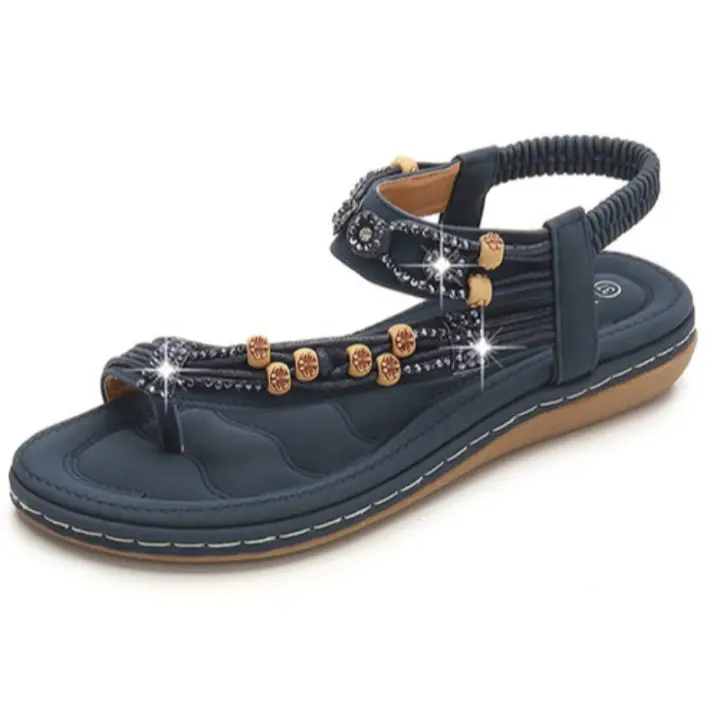 Zapatos de mujer de gran tamaño Sandalias bohemias, sandalias con cuentas de diamantes de imitación retro Sandalias de suela plana de cabeza redonda Tendón de res Zapatos de suela blanda - 1