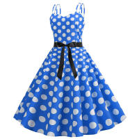 Vestido midi retro de fiesta con estampado de lunares, tirantes finos y cinturón para mujer - details 48