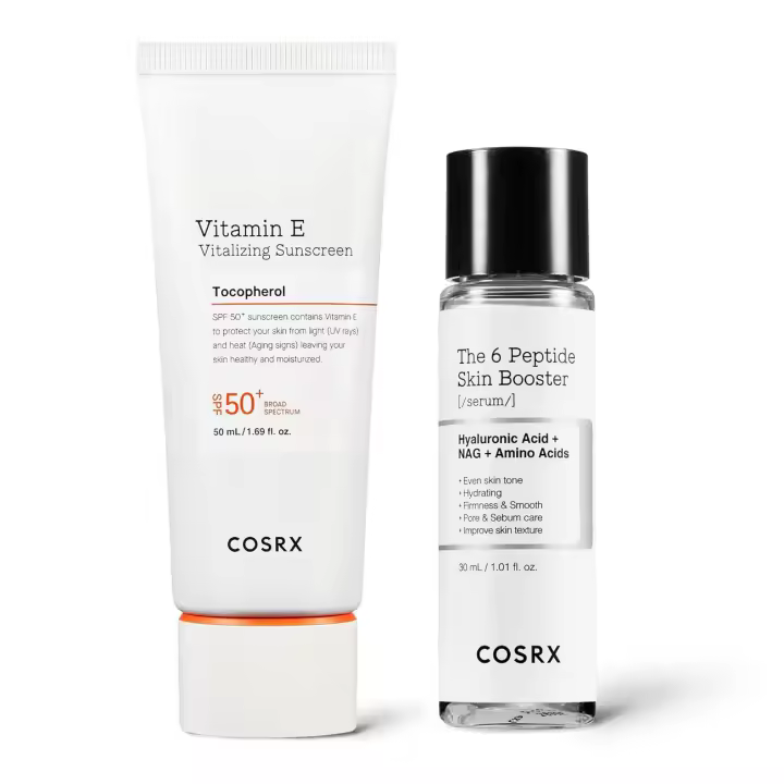 COSRX Invisible Shield - Protector solar facial vitalizante con vitamina E SPF 50, 1.69 fl.oz + Juego de suero potenciador de la piel en miniatura de 6 péptidos - 1
